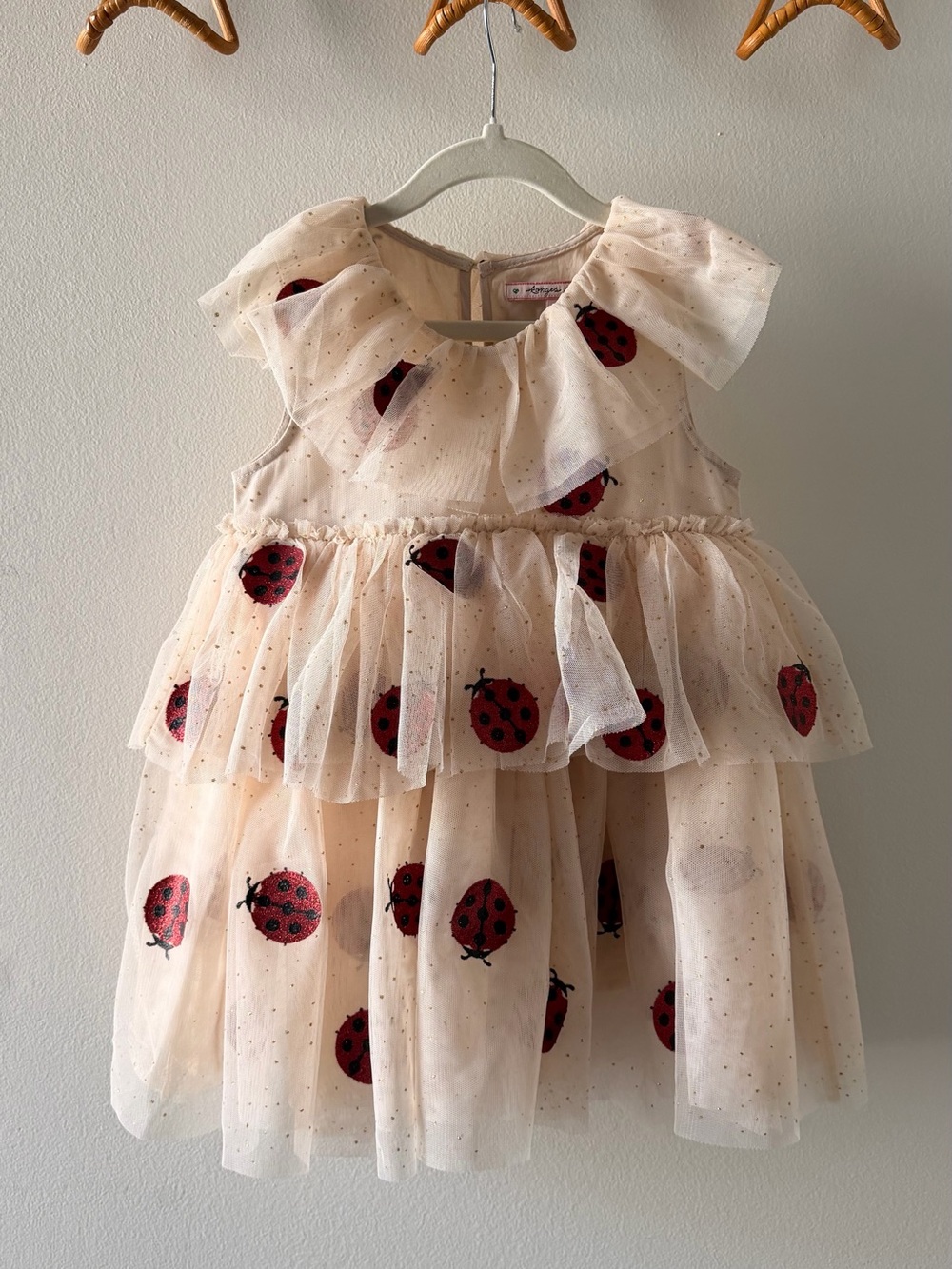 Girls Cream Tulle Dress with Red Ladybug Motif